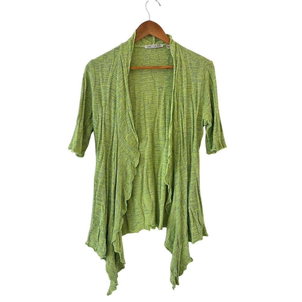 Sno Skins Open Front Cardigan‎ Sweater Womens Size S Green Ruffle Knit Boho